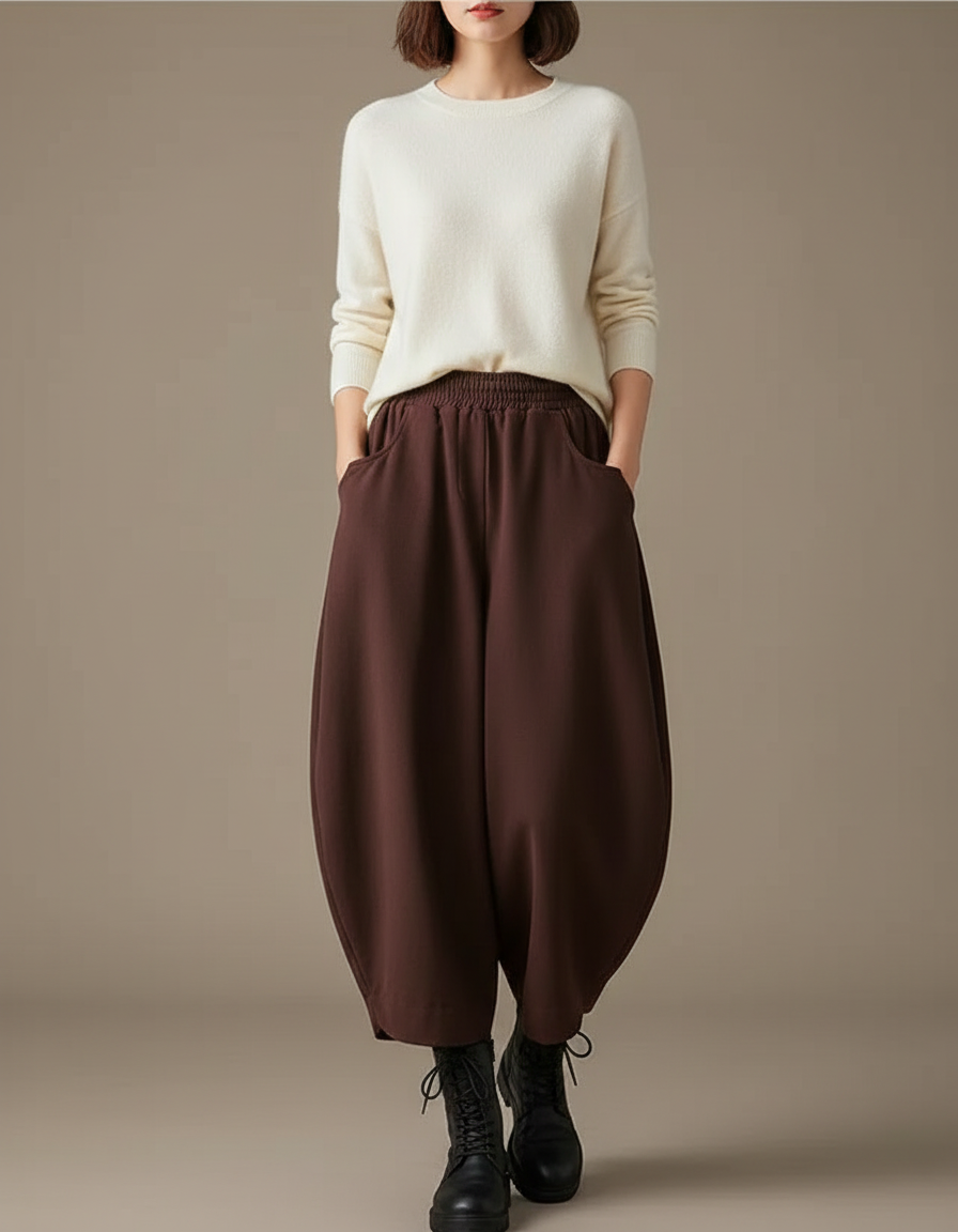 Pantalon Marron Harem Ample Taille Haute Décontracté - Maille