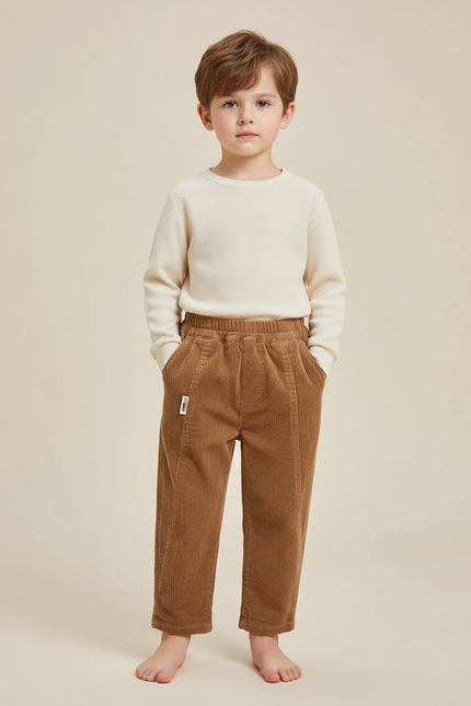 Pantalon Marron Côtelé Ample Décontracté Élastiqué Garçon - Cordé