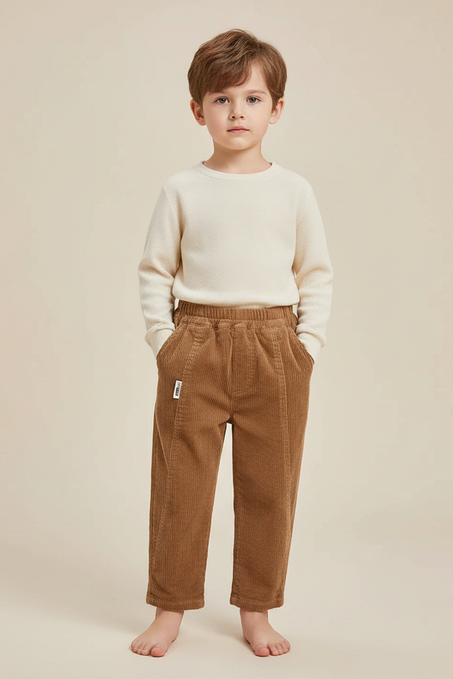 Pantalon Marron Côtelé Ample Décontracté Élastiqué Garçon - Cordé