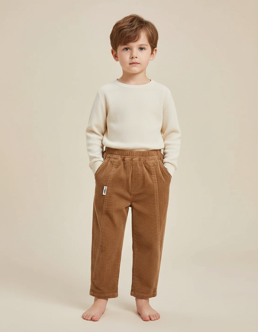 Pantalon Marron Côtelé Ample Décontracté Élastiqué Garçon - Cordé