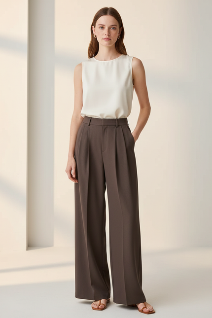 Pantalon Marron Fluide Ample Élégant Femme - Viscose
