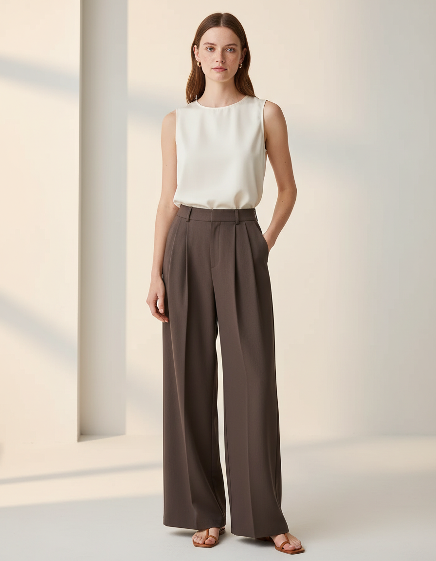 Pantalon Marron Fluide Ample Élégant Femme - Viscose