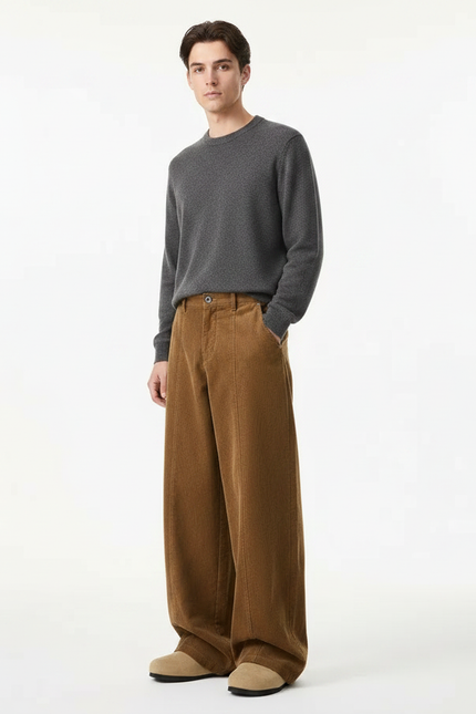 Pantalon Marron Côtelé Ample Décontracté Homme Rétro - Cordé