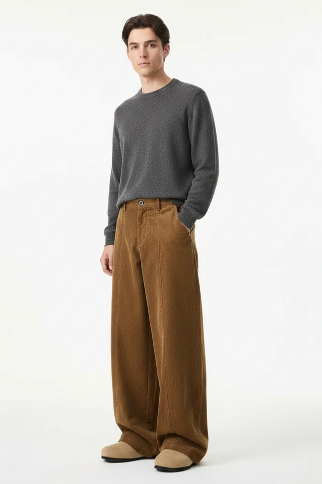 Pantalon Marron Côtelé Ample Décontracté Homme Rétro - Cordé