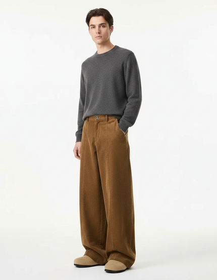Pantalon Marron Côtelé Ample Décontracté Homme Rétro - Cordé