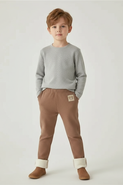 Pantalon Marron Côtelé Doublé Ourson Élastique Enfant - Cordé