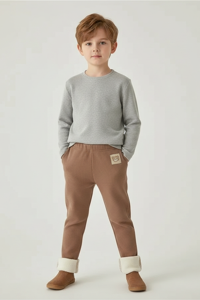 Pantalon Marron Côtelé Doublé Ourson Élastique Enfant - Cordé