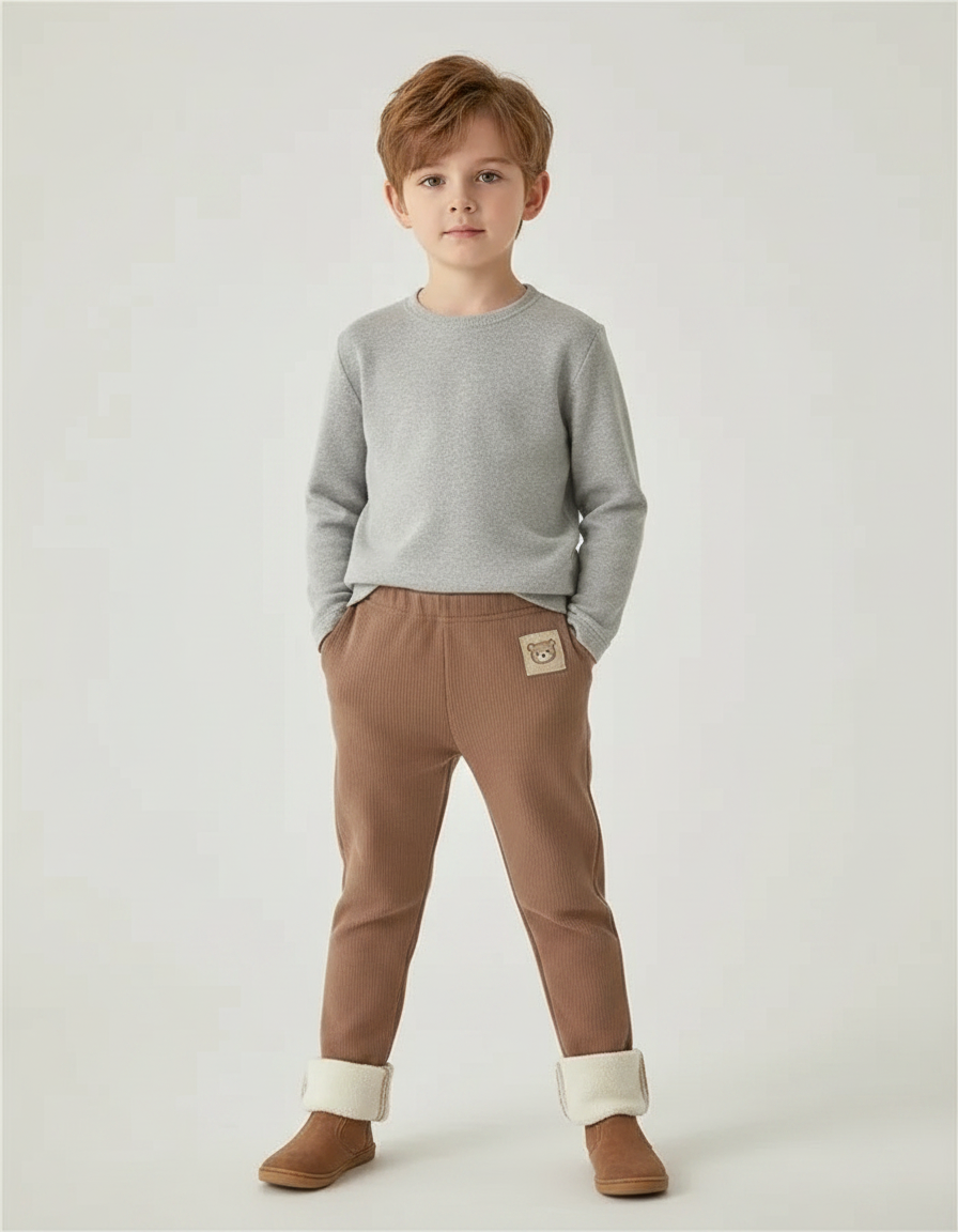 Pantalon Marron Côtelé Doublé Ourson Élastique Enfant - Cordé