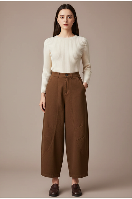 Pantalon Marron Ample Taille Haute Décontracté Chic - Toile