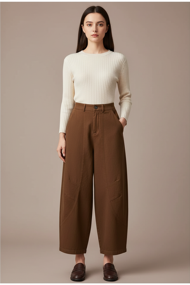 Pantalon Marron Ample Taille Haute Décontracté Chic - Toile