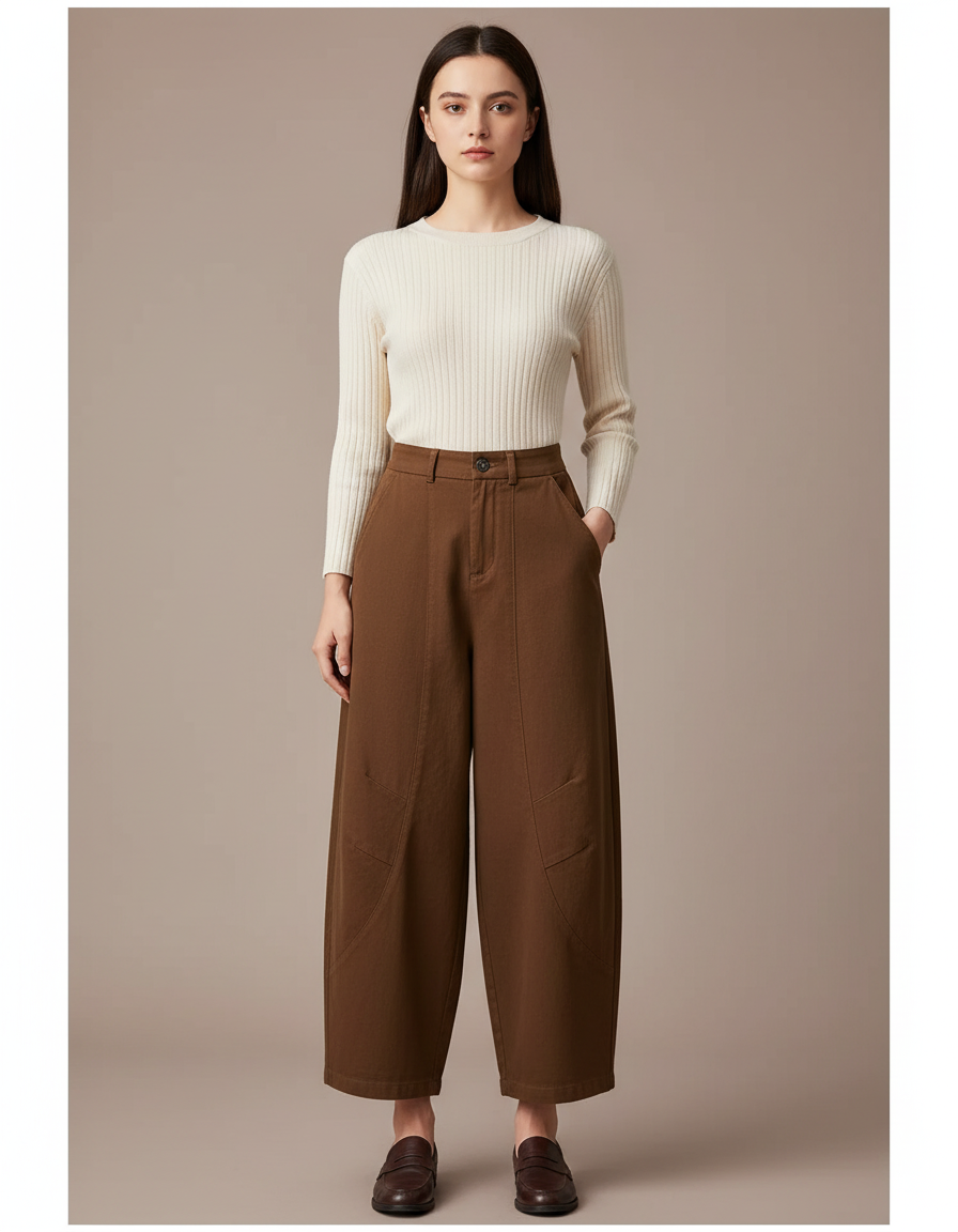 Pantalon Marron Ample Taille Haute Décontracté Chic - Toile