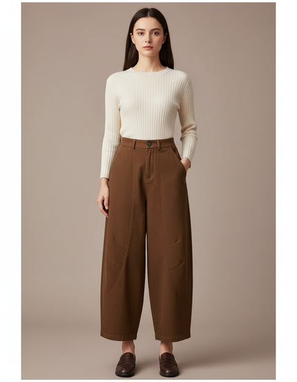 Pantalon Marron Ample Taille Haute Décontracté Chic - Toile