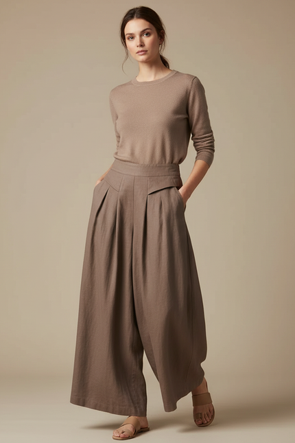 Pantalon Marron Ample Plissé Taille Haute Élégant - Lin