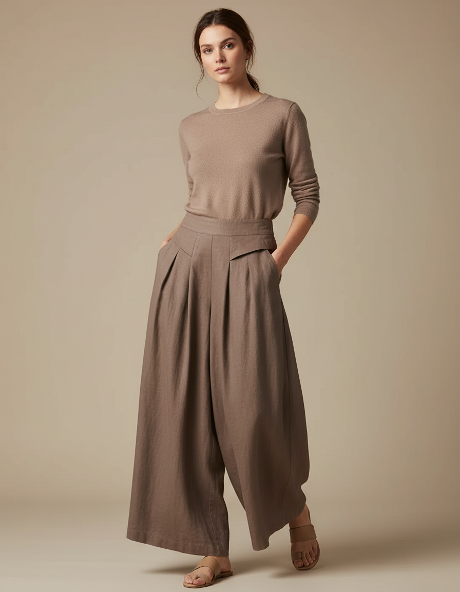 Pantalon Marron Ample Plissé Taille Haute Élégant - Lin