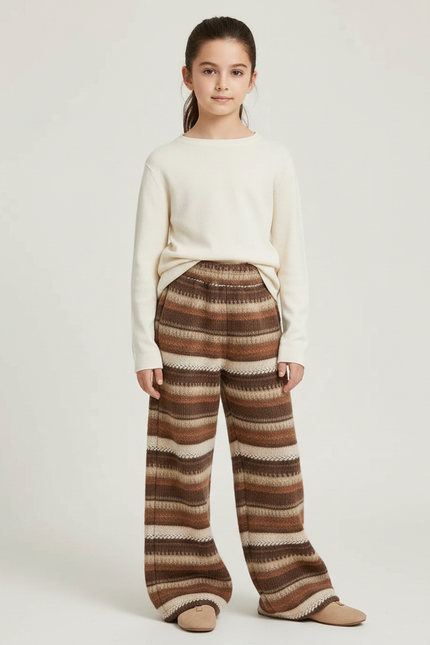 Pantalon Marron Rayé Ample Maille Confortable Enfant