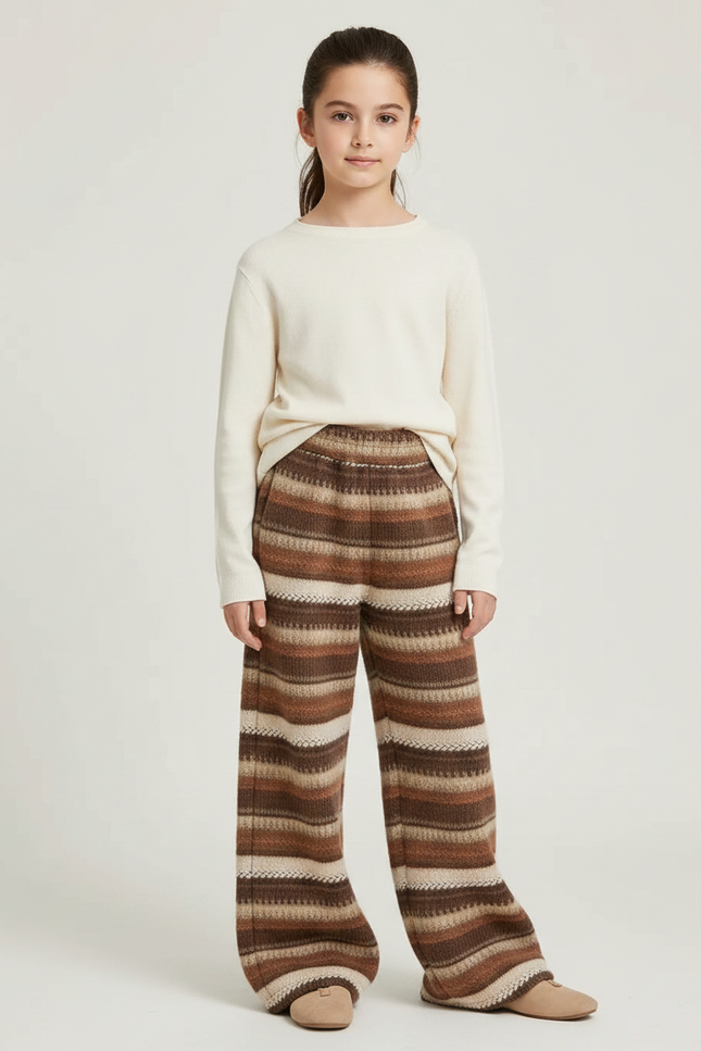 Pantalon Marron Rayé Ample Maille Confortable Enfant