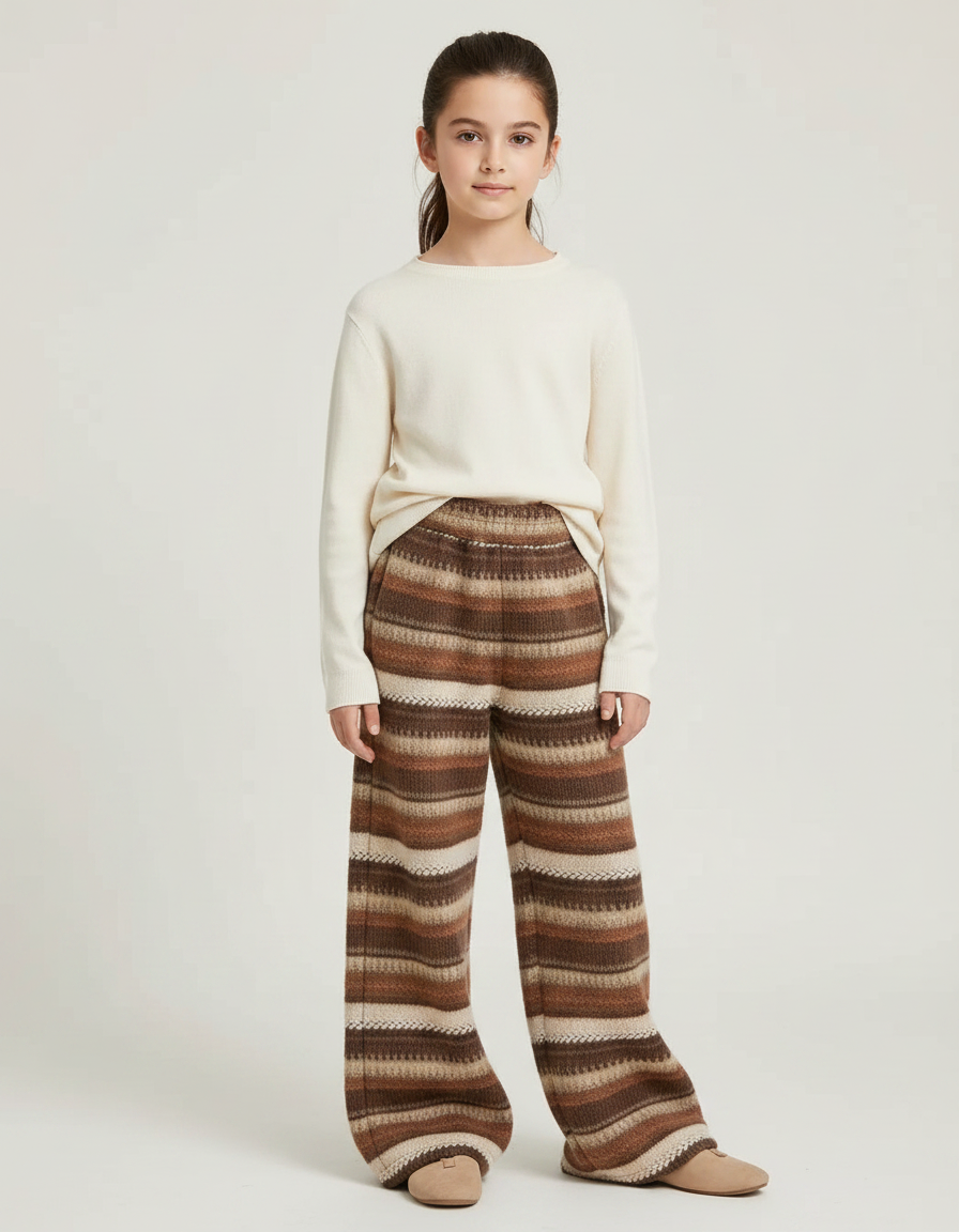 Pantalon Marron Rayé Ample Maille Confortable Enfant