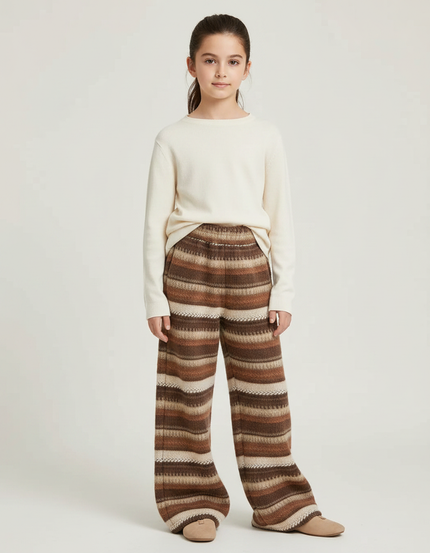 Pantalon Marron Rayé Ample Maille Confortable Enfant