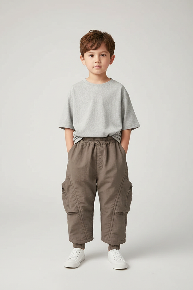 Pantalon Marron Cargo Ample Poches Élastique Enfant - Gabardine