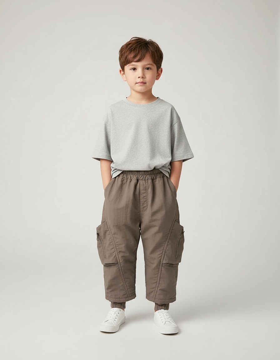 Pantalon Marron Cargo Ample Poches Élastique Enfant - Gabardine