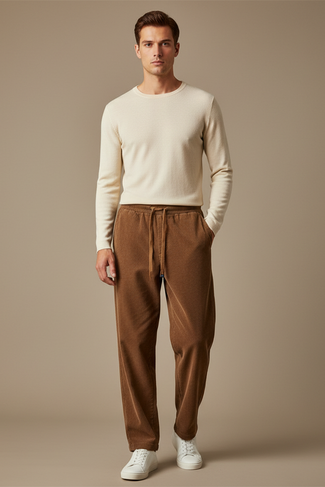 Pantalon Marron Côtelé Droit Décontracté Cordon Homme - Cordé
