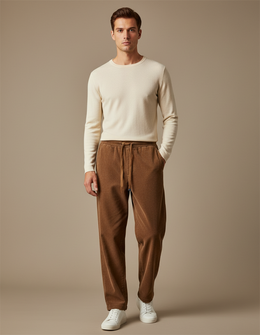 Pantalon Marron Côtelé Droit Décontracté Cordon Homme - Cordé
