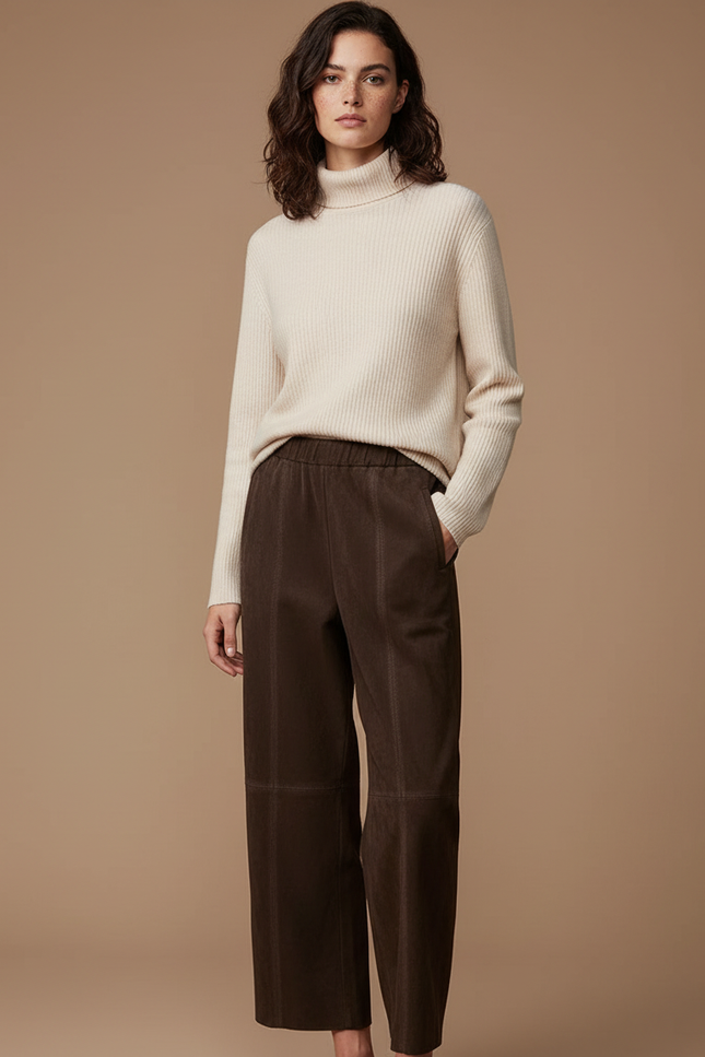 Pantalon Marron Suédé Taille Élastique Large Droit - Cuir