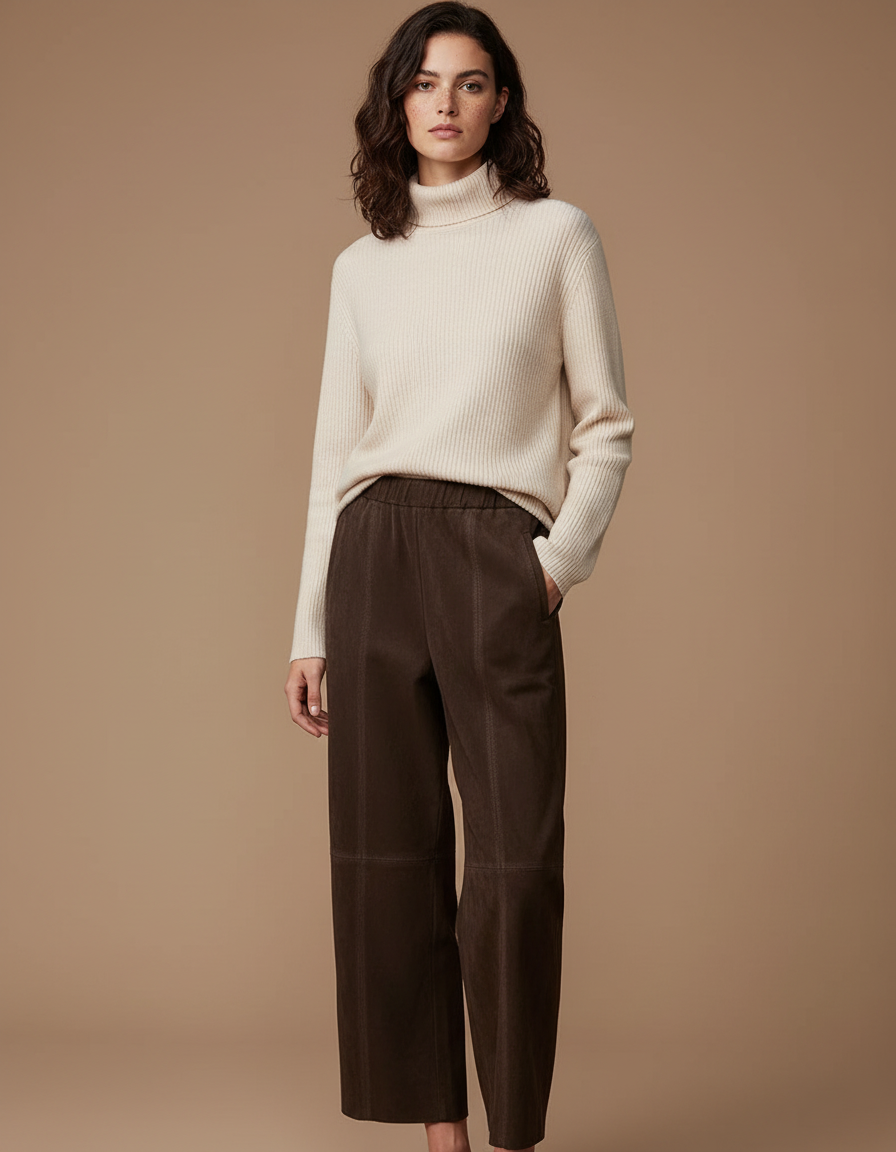 Pantalon Marron Suédé Taille Élastique Large Droit - Cuir