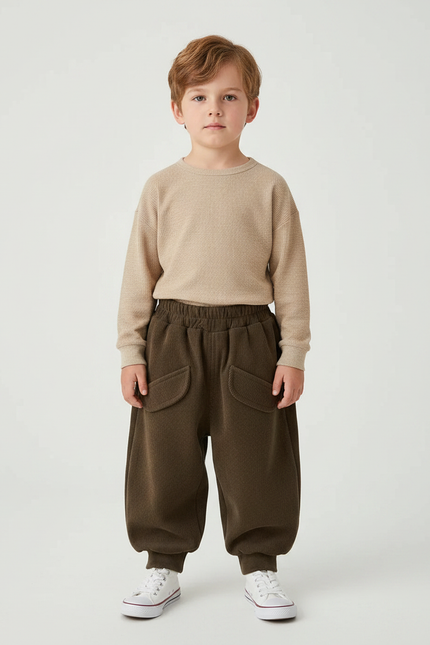 Pantalon Marron Ample Côtelé Épais Décontracté Enfant - Molleton