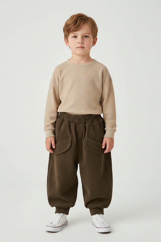 Pantalon Marron Ample Côtelé Épais Décontracté Enfant - Molleton