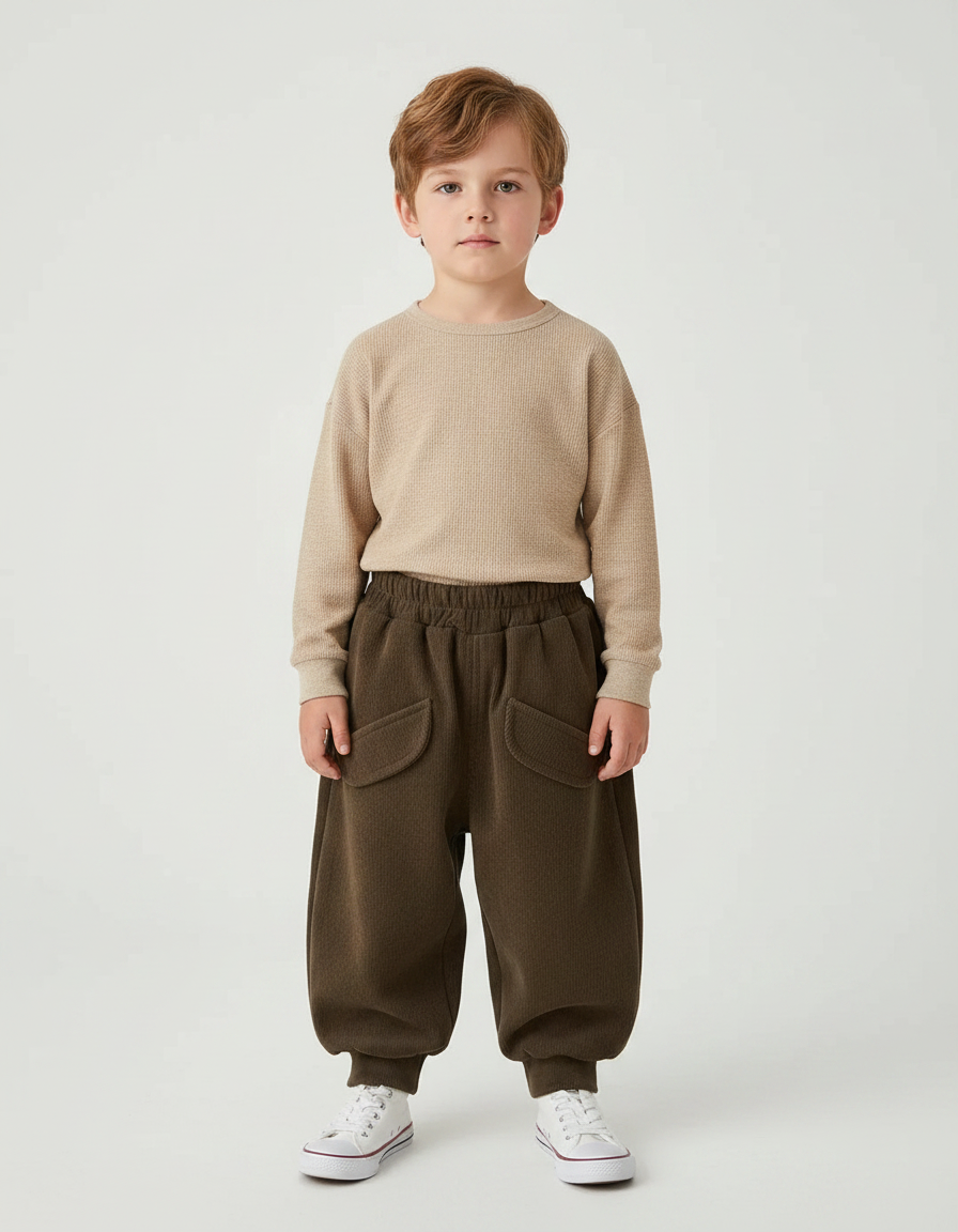 Pantalon Marron Ample Côtelé Épais Décontracté Enfant - Molleton