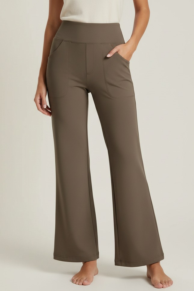 Pantalon Marron Évasé Taille Haute Poches Confortable Femme - Kaki Polyester