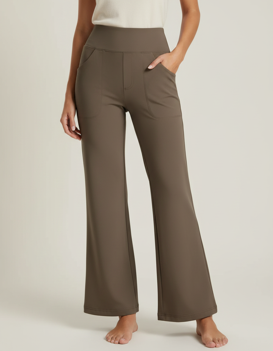 Pantalon Marron Évasé Taille Haute Poches Confortable Femme - Kaki Polyester