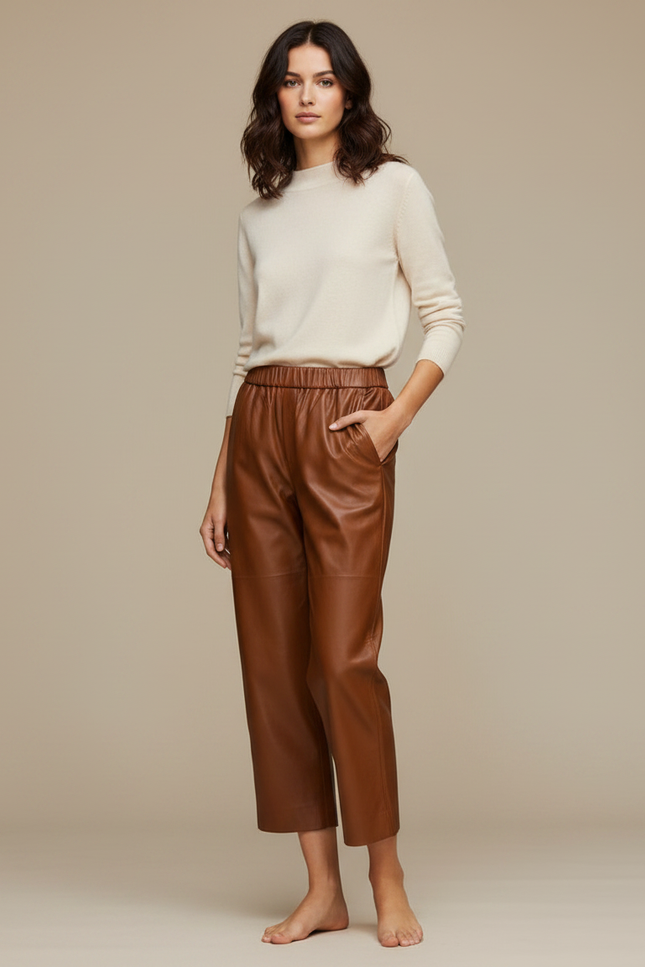 Pantalon Marron Cuir Ample Taille Élastique Élégant