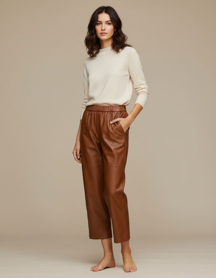 Pantalon Marron Cuir Ample Taille Élastique Élégant