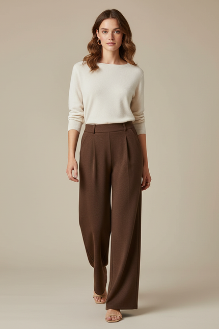 Pantalon Marron Ample Plissé Élégant Femme - Laine