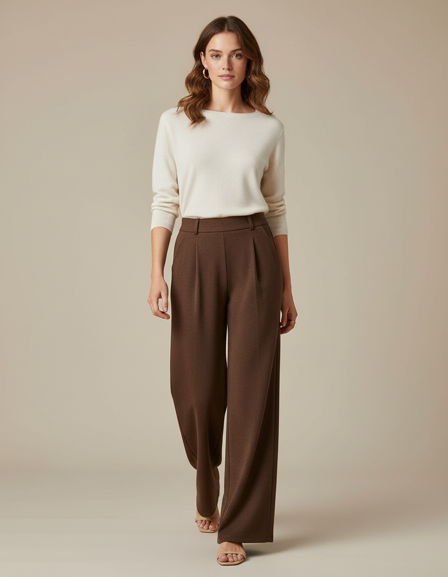 Pantalon Marron Ample Plissé Élégant Femme - Laine