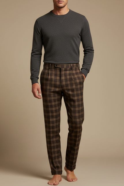Pantalon Marron Carreaux Laine Droit Décontracté Homme