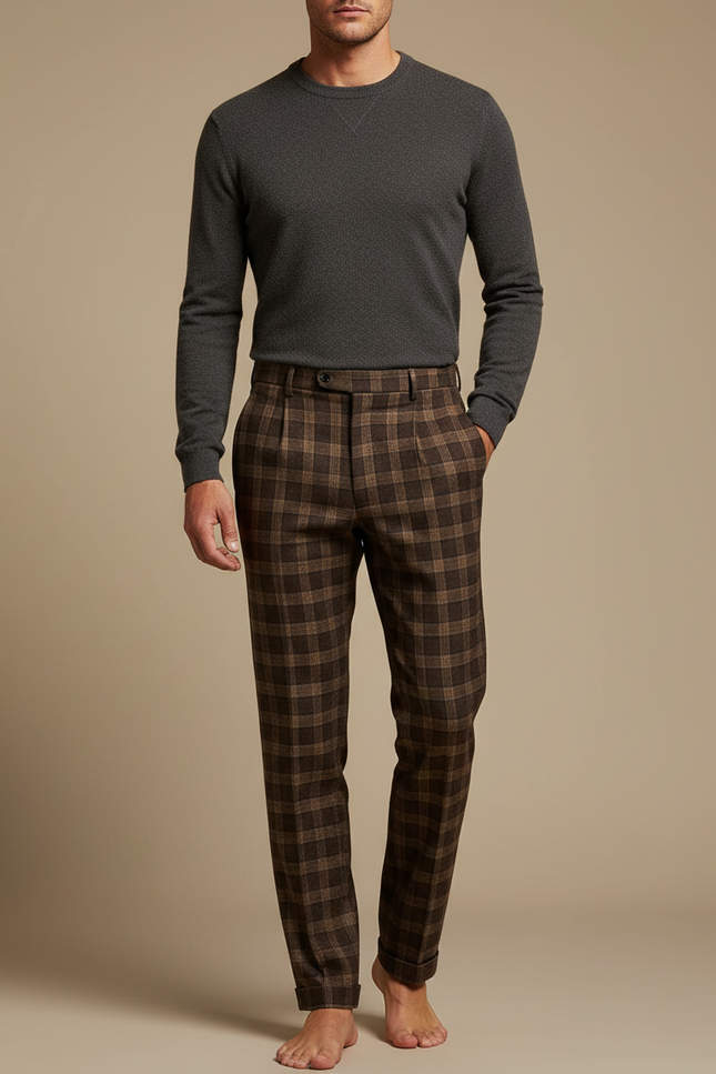 Pantalon Marron Carreaux Laine Droit Décontracté Homme