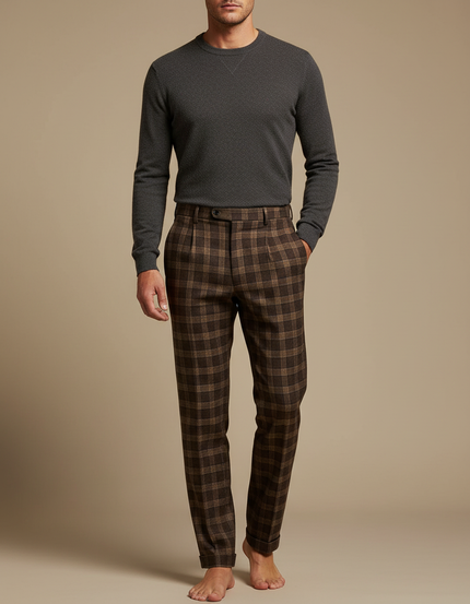 Pantalon Marron Carreaux Laine Droit Décontracté Homme