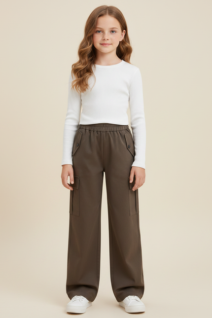 Pantalon Marron Cargo Ample Fille Décontracté - Kaki Polyester