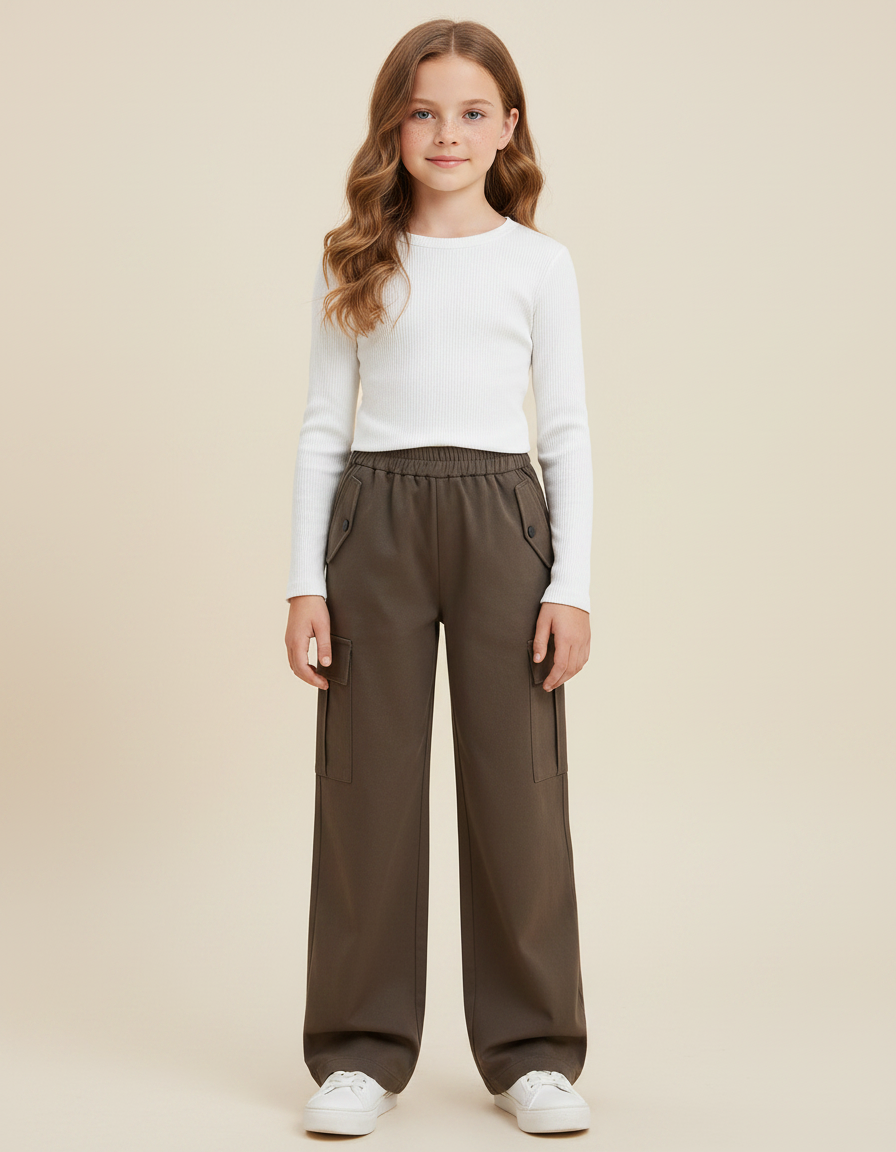 Pantalon Marron Cargo Ample Fille Décontracté - Kaki Polyester