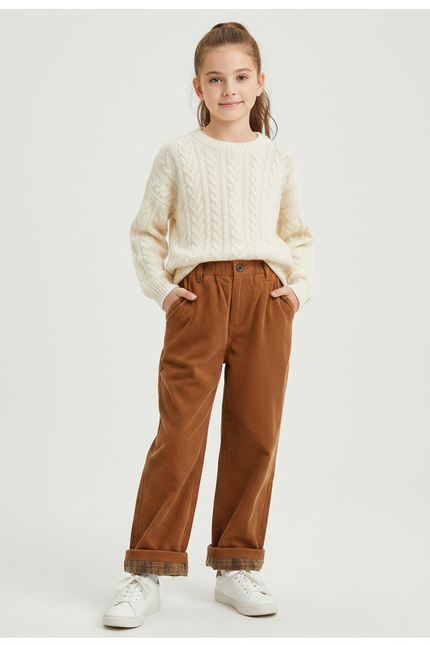 Pantalon Marron Côtelé Ample Décontracté Plaid - Cordé