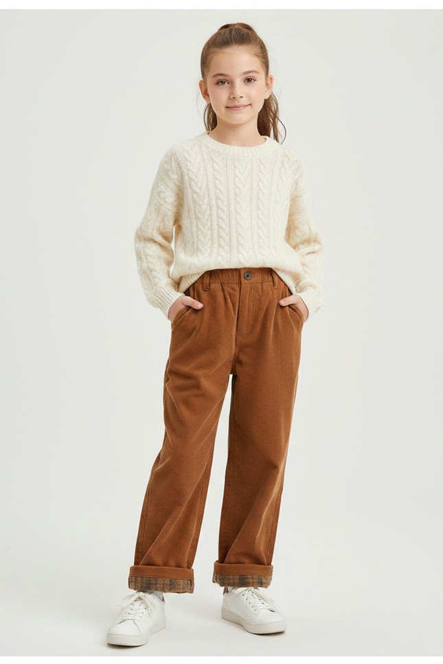 Pantalon Marron Côtelé Ample Décontracté Plaid - Cordé