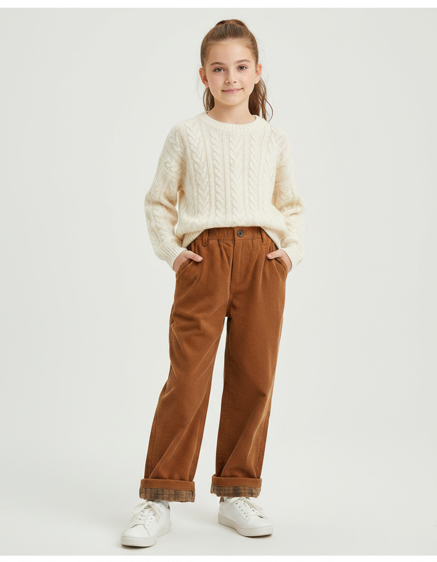 Pantalon Marron Côtelé Ample Décontracté Plaid - Cordé