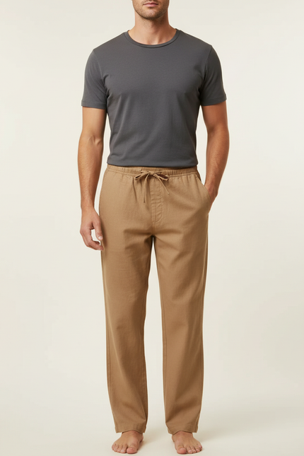 Pantalon Marron Coton Lin Ample Décontracté Homme - Camel