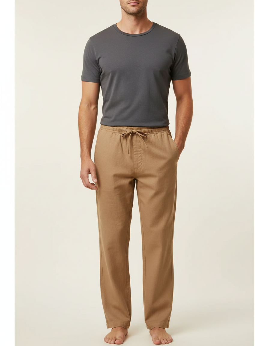 Pantalon Marron Coton Lin Ample Décontracté Homme - Camel