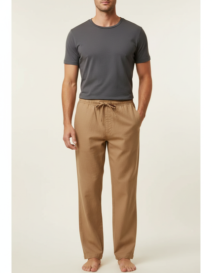 Pantalon Marron Coton Lin Ample Décontracté Homme - Camel