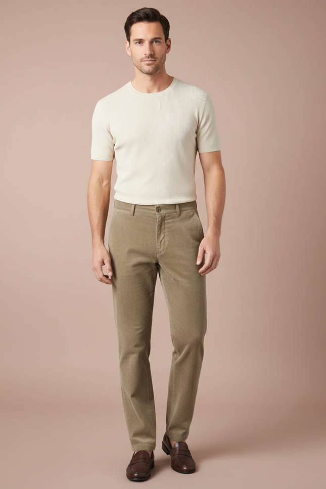 Pantalon Marron Côtelé Droit Élégant Coton Homme - Kaki Cordé