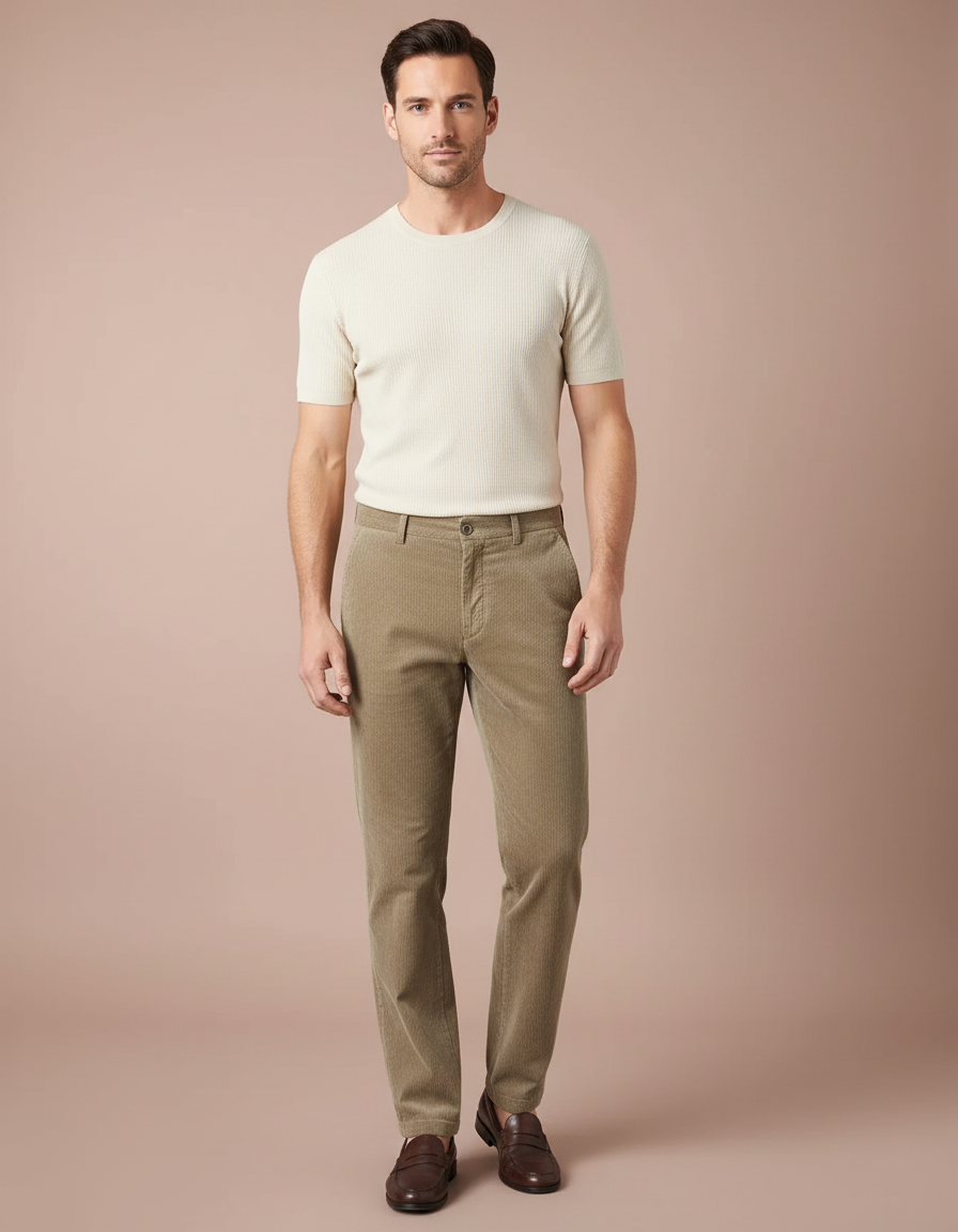 Pantalon Marron Côtelé Droit Élégant Coton Homme - Kaki Cordé